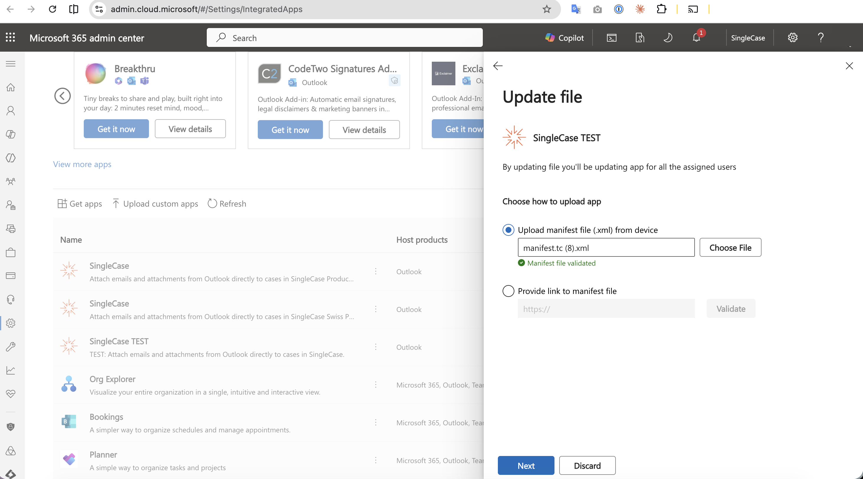 Update file screen with a manifest selected and the Manifest file validated confirmation